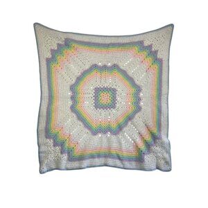 Vintage Acrylic Hand Crocheted Baby Blanket Pastel Rainbow 35 x 38